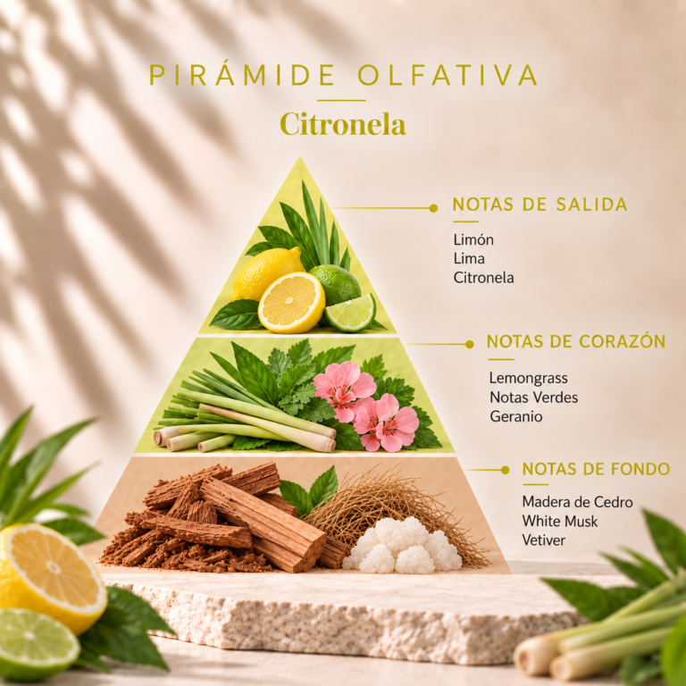 Pirámide olfativa del Ambientador Pulverizador Citronela 100 ml SYS Aromas con limón, lima, citronela, lemongrass, notas verdes, geranio, cedro, almizcle blanco y vetiver.