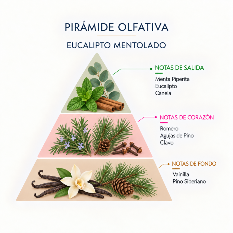 Pirámide olfativa del Ambientador Pulverizador Eucalipto Mentolado 100 ml SYS Aromas, con salida de menta piperita, eucalipto y canela, corazón de romero, agujas de pino y clavo, y fondo de vainilla y pino siberiano.