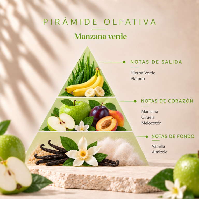 Pirámide olfativa del Ambientador Pulverizador Manzana Verde 100 ml SYS Aromas con hierba verde, plátano, manzana, ciruela, melocotón, vainilla y almizcle.