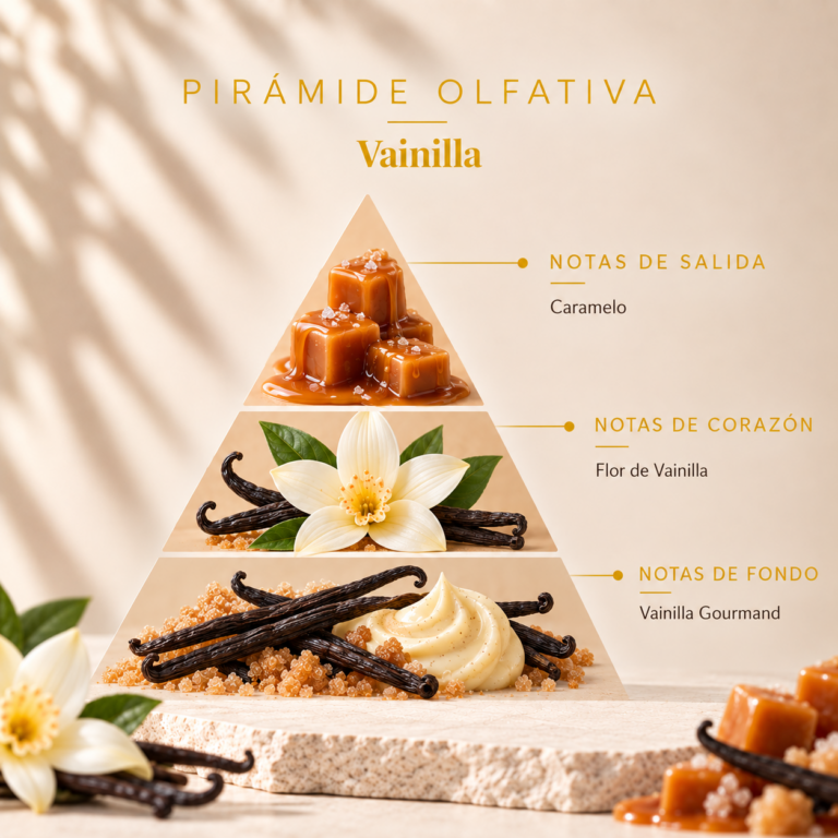 Pirámide olfativa del Ambientador Pulverizador Vainilla 100 ml SYS Aromas con caramelo, flor de vainilla y vainilla gourmand.