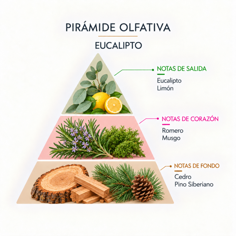 Pirámide olfativa de la Esencia Eucalipto 12 ml SYS Aromas con eucalipto, limón, romero, musgo, cedro y pino siberiano.