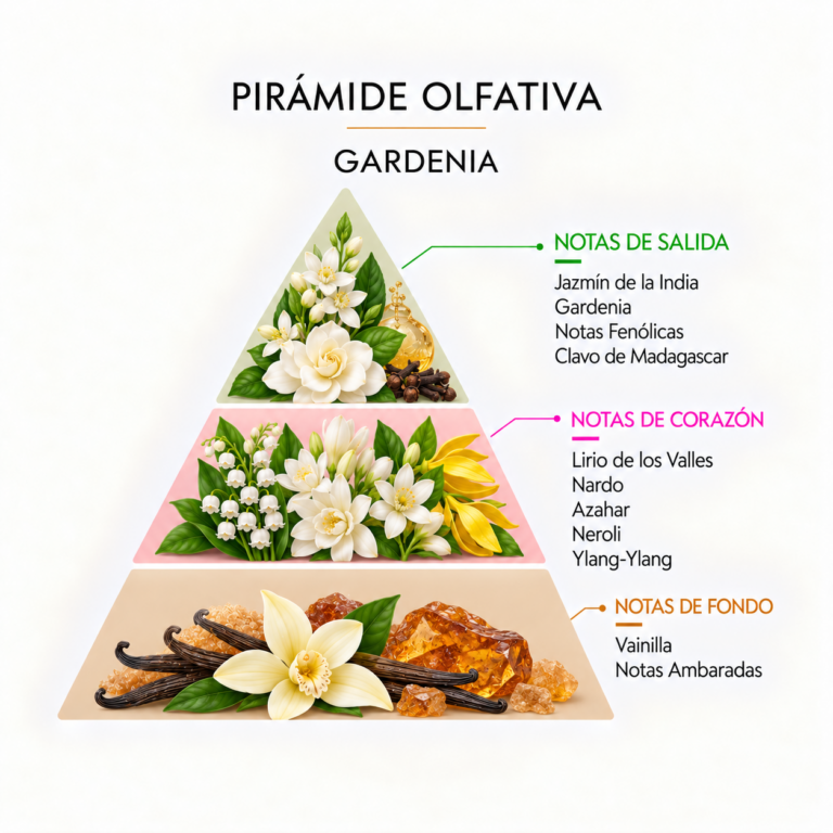 Pirámide olfativa de la Esencia Gardenia 12 ml SYS Aromas con jazmín de la India, gardenia, notas fenólicas, clavo de Madagascar, lirio de los valles, nardo, azahar, neroli, ylang-ylang, vainilla y notas ambaradas.