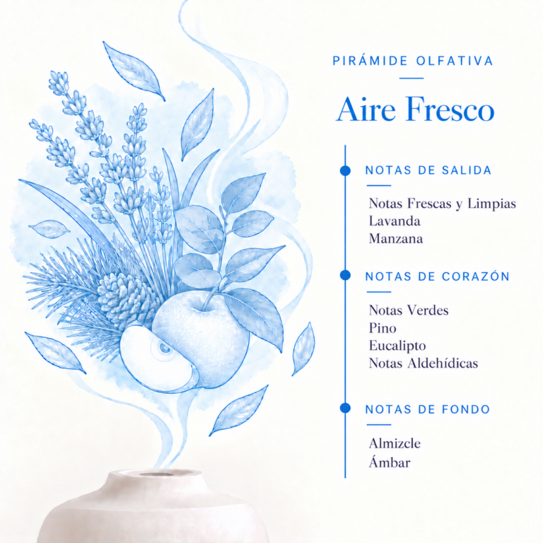 Pirámide olfativa de la Esencia Hidrosoluble Aire Fresco 50 ml SYS Aromas con notas frescas y limpias, lavanda, manzana, notas verdes, pino, eucalipto, notas aldehídicas, almizcle y ámbar.