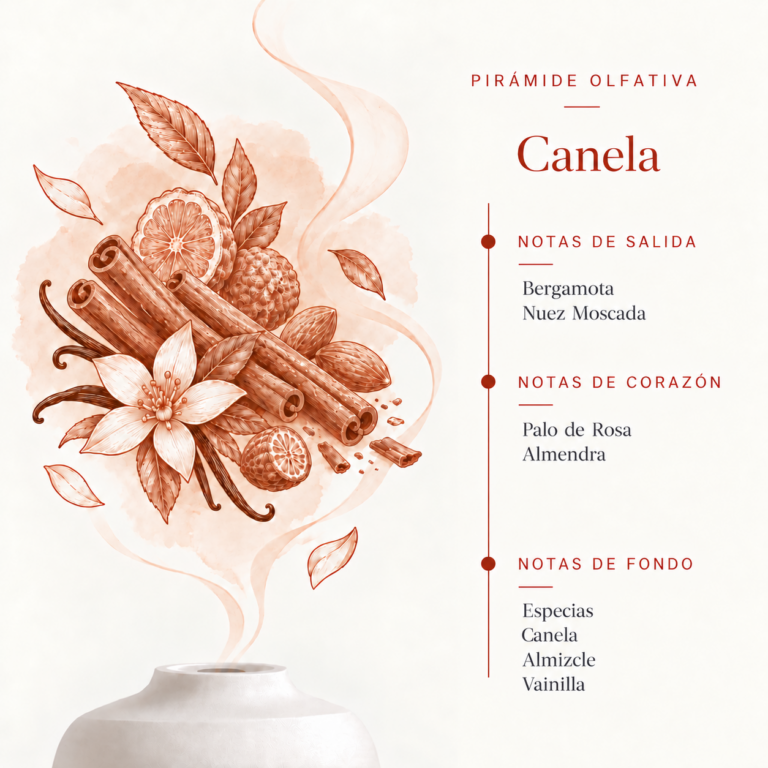 Pirámide olfativa de la Esencia Hidrosoluble Canela 50 ml SYS Aromas con bergamota, nuez moscada, palo de rosa, almendra, especias, canela, almizcle y vainilla.