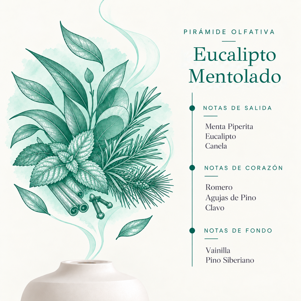 Pirámide olfativa de la Esencia Hidrosoluble Eucalipto Mentolado 50 ml SYS Aromas con menta piperita, eucalipto, canela, romero, agujas de pino, clavo, vainilla y pino siberiano.