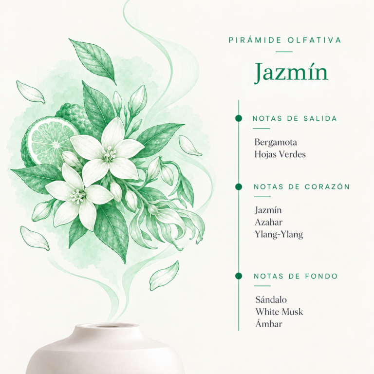 Pirámide olfativa de la Esencia Hidrosoluble Jazmín 50 ml SYS Aromas con bergamota, hojas verdes, jazmín, azahar, ylang-ylang, sándalo, almizcle blanco y ámbar.