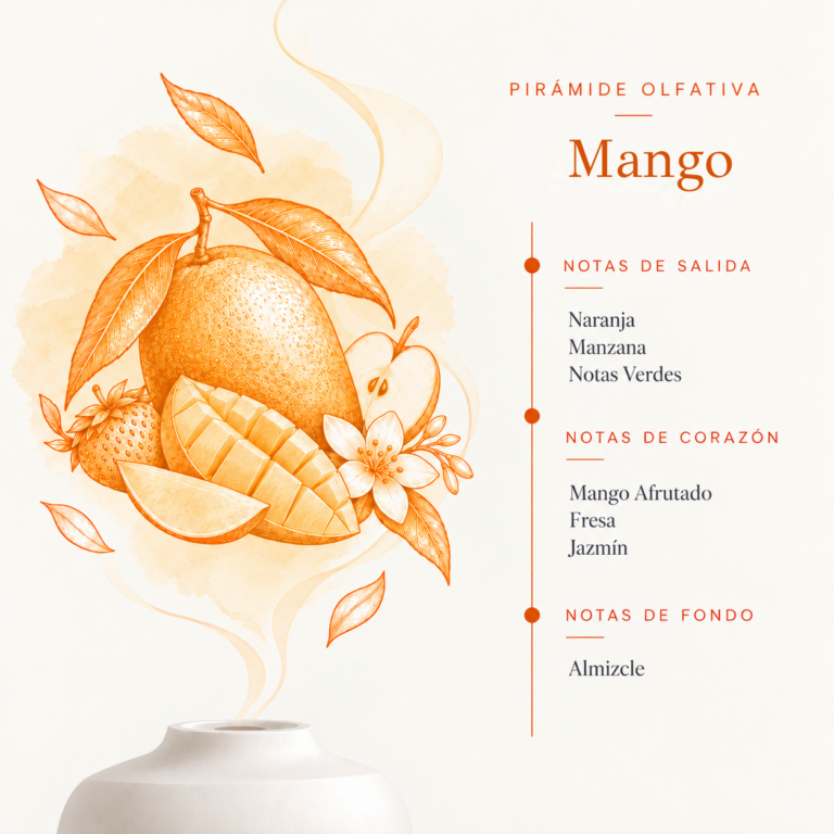 Pirámide olfativa de la Esencia Hidrosoluble Mango 50 ml SYS Aromas con notas de salida de naranja, manzana y notas verdes, corazón de mango afrutado, fresa y jazmín, y fondo de almizcle.