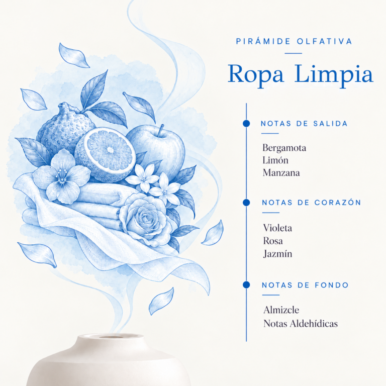 Pirámide olfativa de la Esencia Hidrosoluble Ropa Limpia 50 ml SYS Aromas con bergamota, limón, manzana, violeta, rosa, jazmín, almizcle y notas aldehídicas.