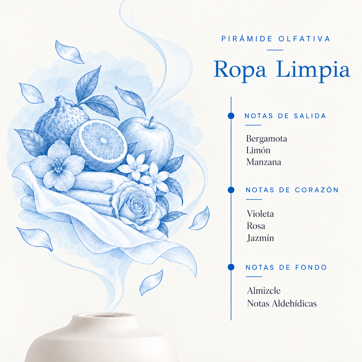 Pirámide olfativa de la Esencia Hidrosoluble Ropa Limpia 50 ml SYS Aromas con bergamota, limón, manzana, violeta, rosa, jazmín, almizcle y notas aldehídicas.