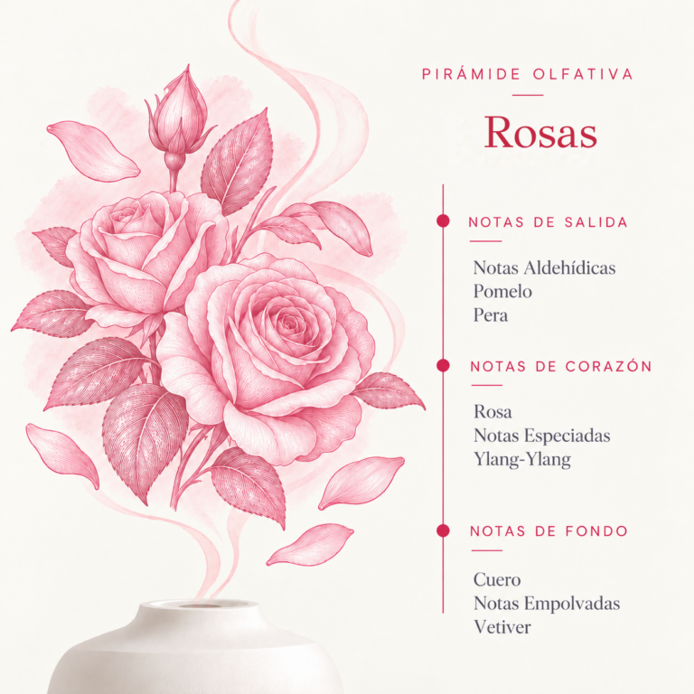 Pirámide olfativa de la Esencia Hidrosoluble Rosas 50 ml SYS Aromas con notas aldehídicas, pomelo, pera, rosa, notas especiadas, ylang-ylang, cuero, notas empolvadas y vetiver.