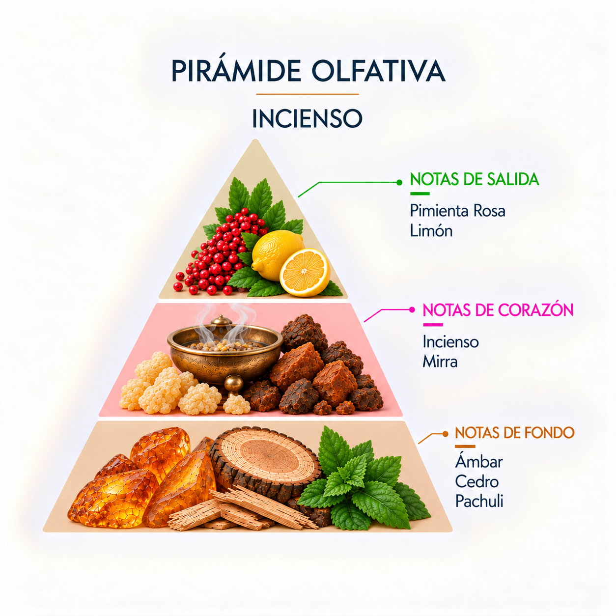 Pirámide olfativa de la Esencia Incienso 12 ml SYS Aromas con pimienta rosa, limón, incienso, mirra, ámbar, cedro y pachuli.
