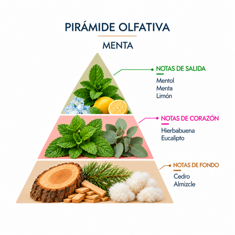 Pirámide olfativa de la Esencia Menta 12 ml SYS Aromas con mentol, menta, limón, hierbabuena, eucalipto, cedro y almizcle.