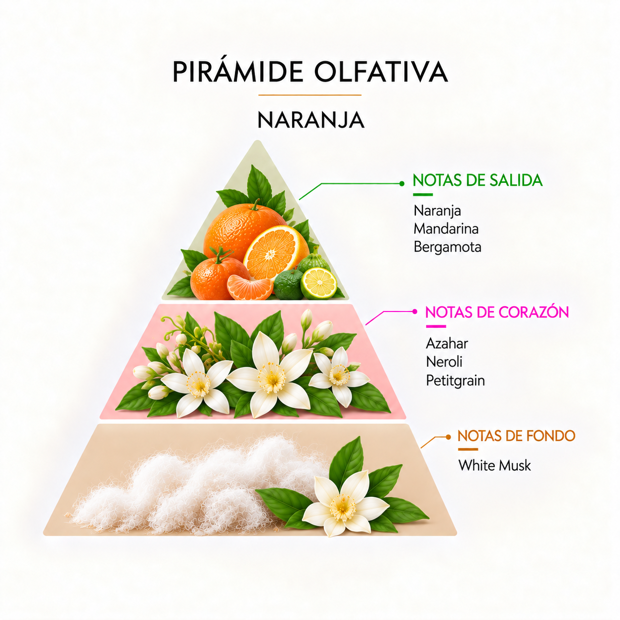 Pirámide olfativa de la Esencia Naranja 12 ml SYS Aromas con naranja, mandarina, bergamota, azahar, neroli, petitgrain y White Musk.