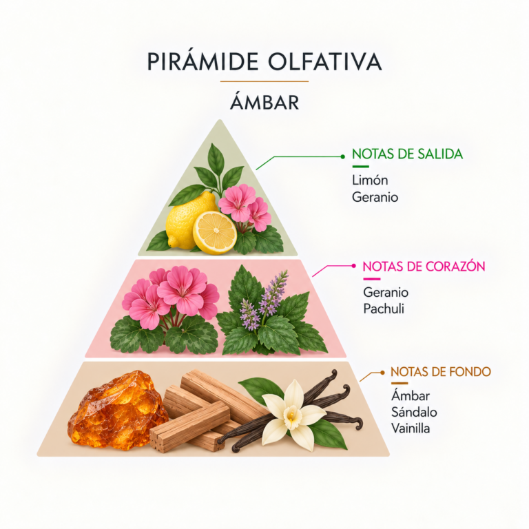 Pirámide olfativa de la Esencia Natural Ámbar 12 ml SYS Aromas con limón, geranio, pachuli, ámbar, sándalo y vainilla.