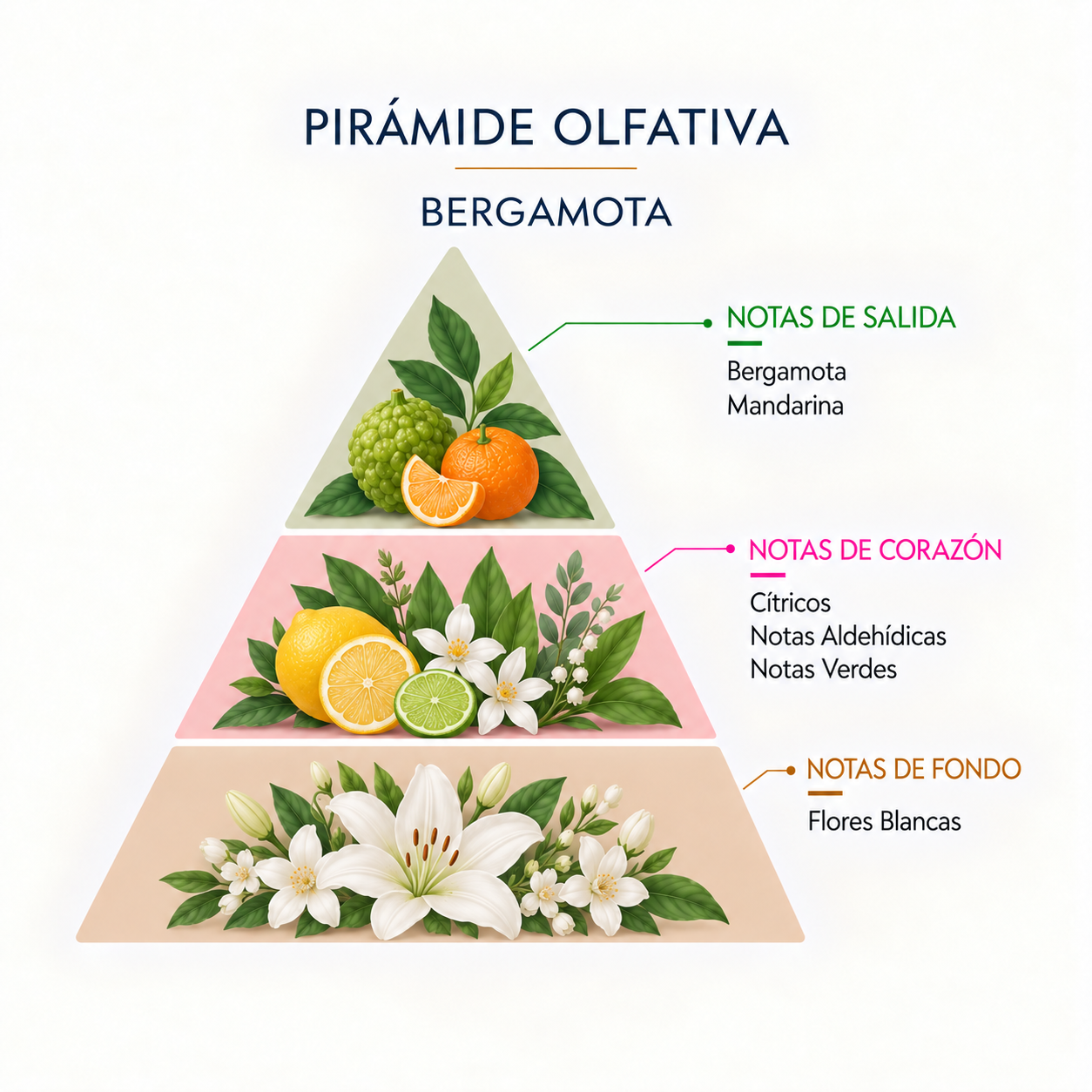 Pirámide olfativa de la Esencia Natural Bergamota 12 ml SYS Aromas con bergamota, mandarina, cítricos, notas aldehídicas, notas verdes y flores blancas.