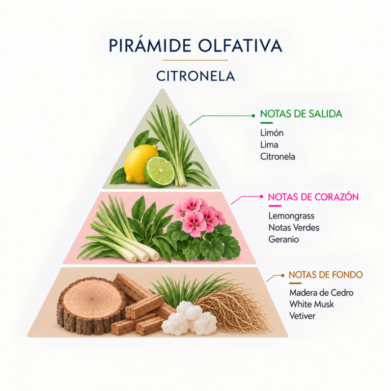 Pirámide olfativa de la Esencia Natural Citronela 12 ml SYS Aromas con limón, lima, citronela, lemongrass, notas verdes, geranio, madera de cedro, white musk y vetiver.