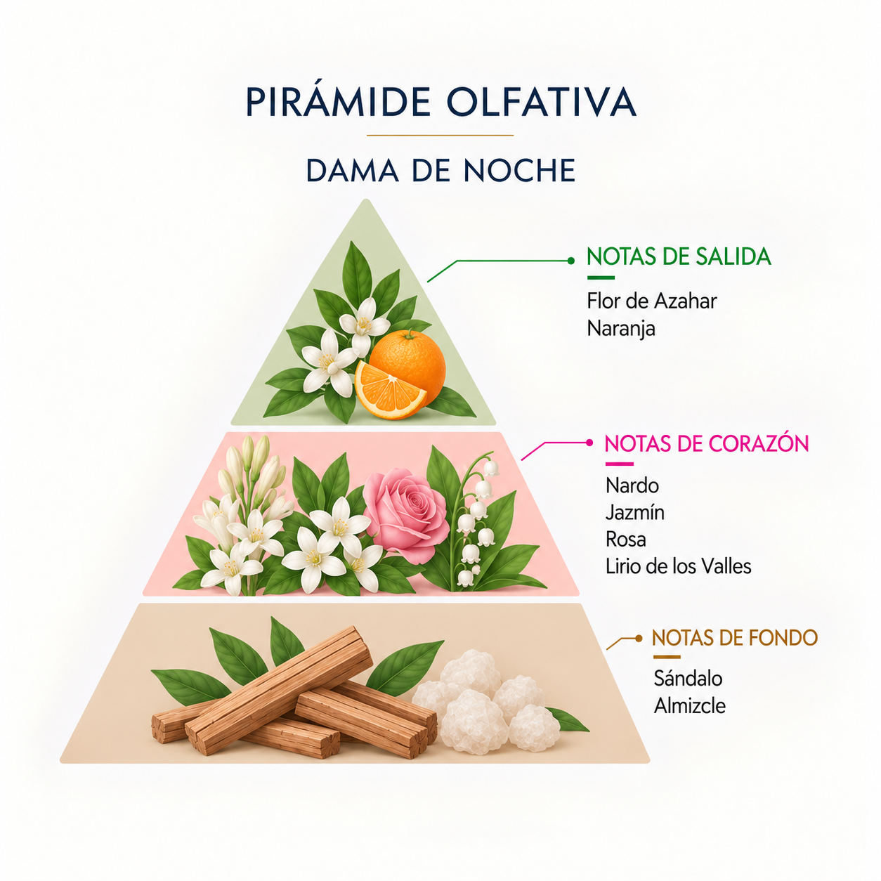 Pirámide olfativa de la Esencia Natural Dama de Noche 12 ml SYS Aromas con flor de azahar, naranja, nardo, jazmín, rosa, lirio de los valles, sándalo y almizcle.