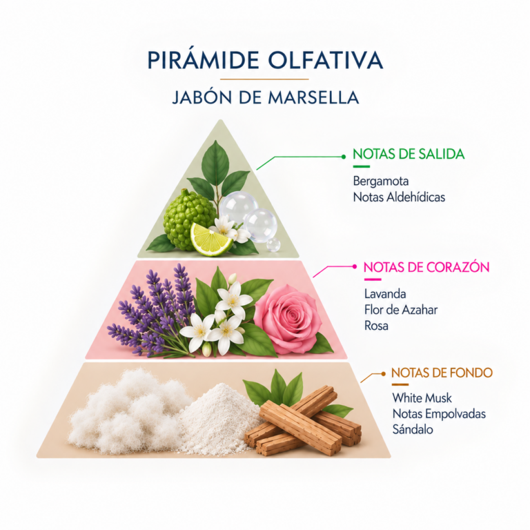 Pirámide olfativa de la Esencia Natural Jabón de Marsella 12 ml SYS Aromas con bergamota, notas aldehídicas, lavanda, flor de azahar, rosa, almizcle blanco, notas empolvadas y sándalo.