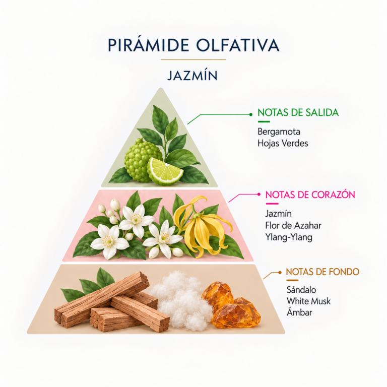 Pirámide olfativa de la Esencia Natural Jazmín 12 ml SYS Aromas con bergamota, hojas verdes, jazmín, azahar, ylang-ylang, sándalo, white musk y ámbar.