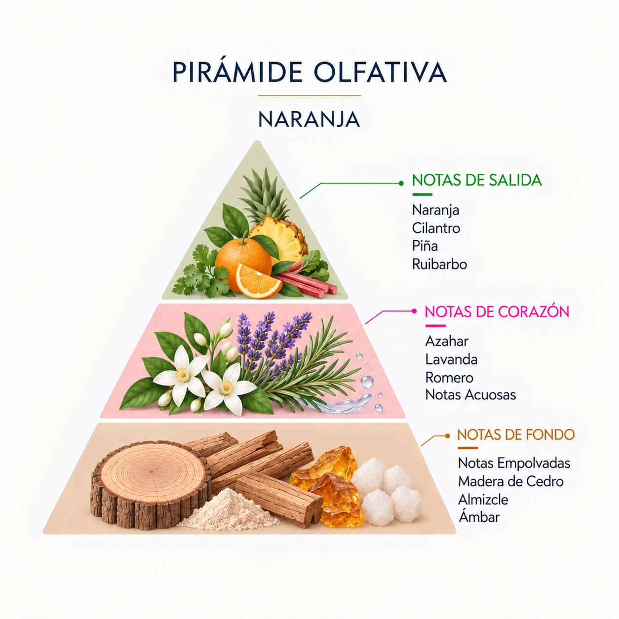 Pirámide olfativa de la Esencia Natural Naranja 12 ml SYS Aromas con naranja, cilantro, piña, ruibarbo, azahar, lavanda, romero, notas acuosas, cedro, almizcle y ámbar.