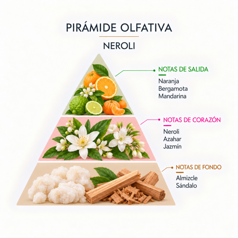 Pirámide olfativa de la Esencia Neroli 12 ml SYS Aromas con naranja, bergamota, mandarina, neroli, azahar, jazmín, almizcle y sándalo.
