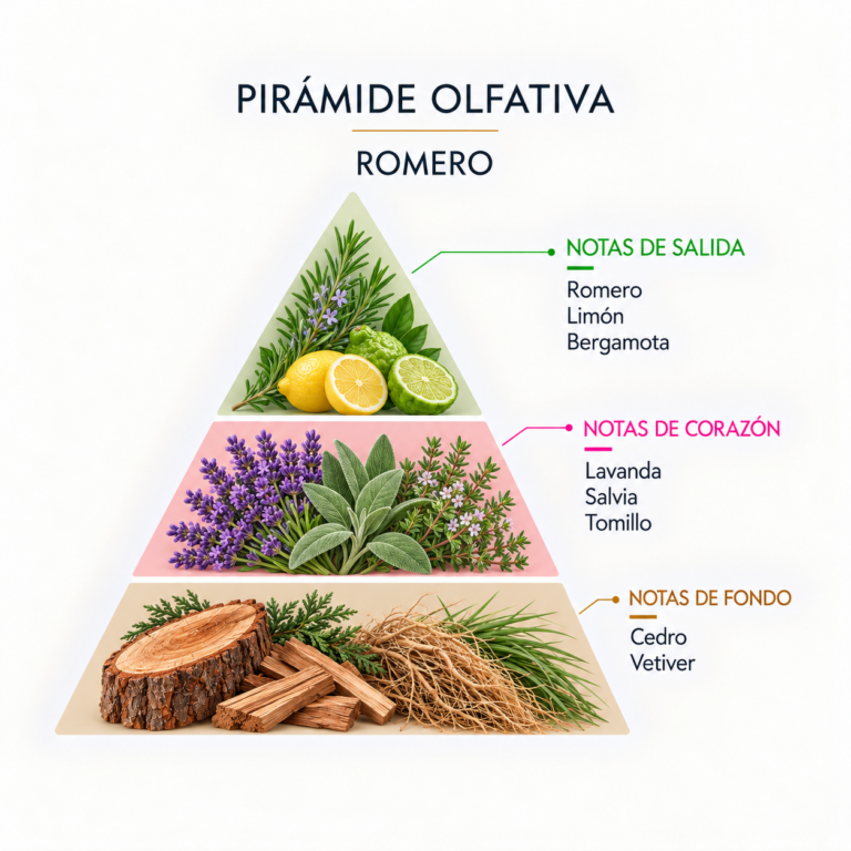 Pirámide olfativa de la Esencia Romero 12 ml SYS Aromas con romero, limón, bergamota, lavanda, salvia, tomillo, cedro y vetiver.