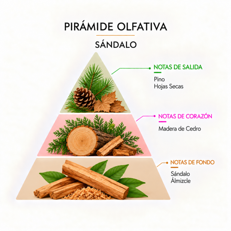 Pirámide olfativa de la Esencia Sándalo 12 ml SYS Aromas con notas de salida de pino y hojas secas, corazón de madera de cedro y fondo de sándalo y almizcle.