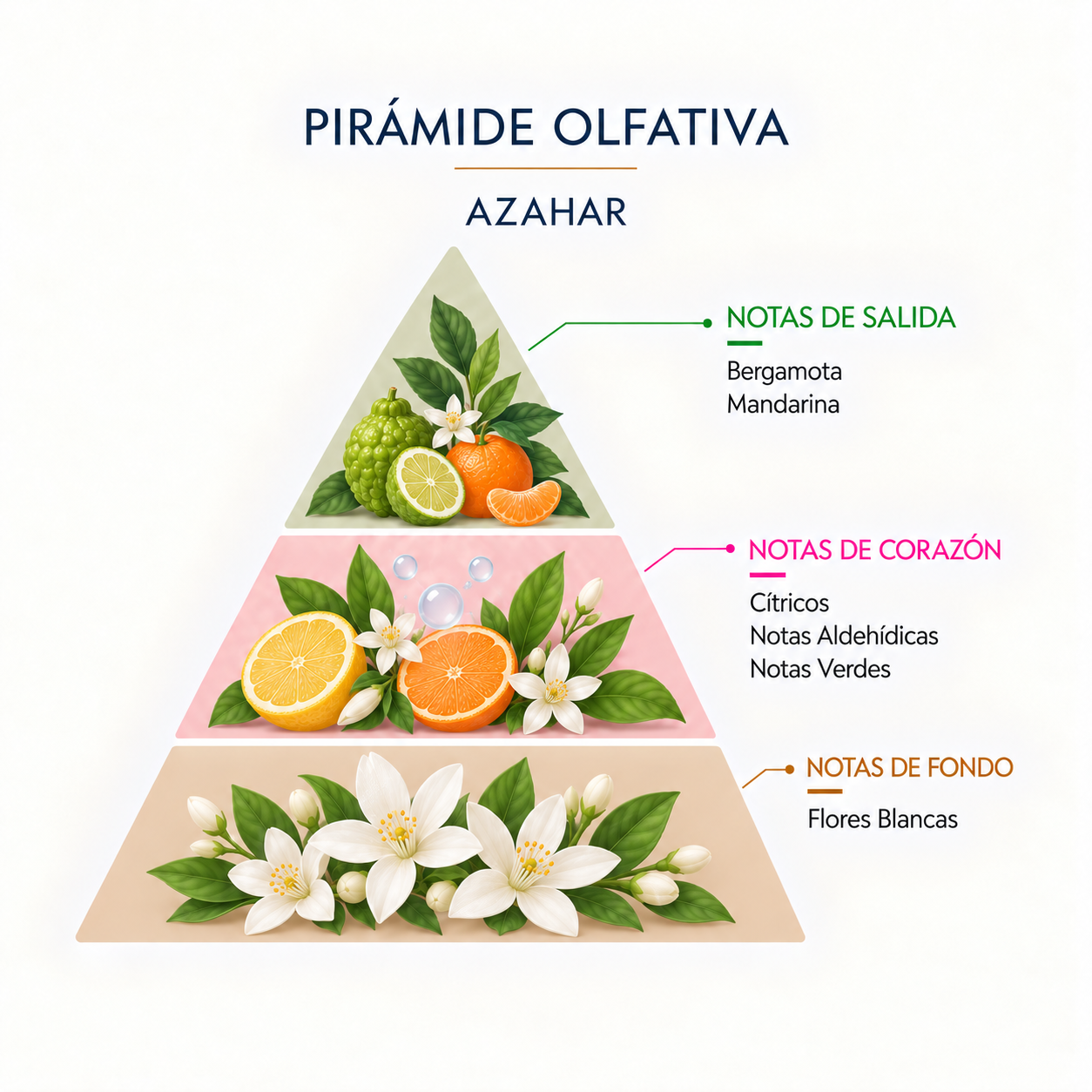 Pirámide olfativa del Incienso Natural Azahar 20 Sticks SYS Aromas con bergamota, limón, naranja, neroli, azahar, jazmín y vainilla.