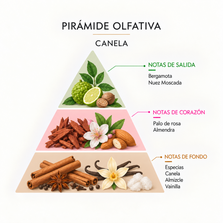 Pirámide olfativa del Incienso Natural Canela 20 Sticks SYS Aromas con bergamota, nuez moscada, palo de rosa, almendra, especias, canela, almizcle y vainilla.