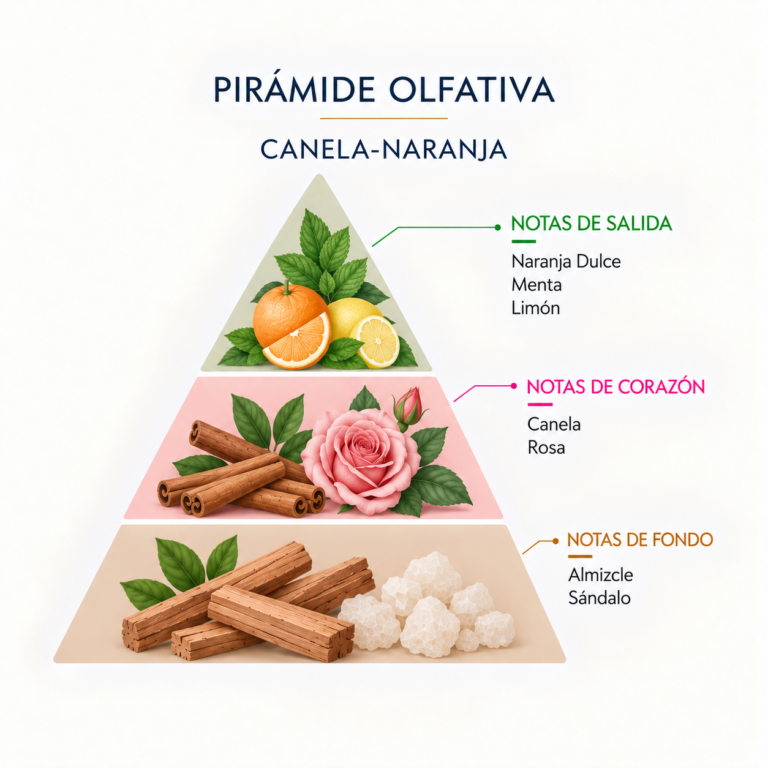 Pirámide olfativa del Incienso Natural Canela-Naranja 20 Sticks SYS Aromas con naranja dulce, menta, limón, canela, rosa, almizcle y sándalo.