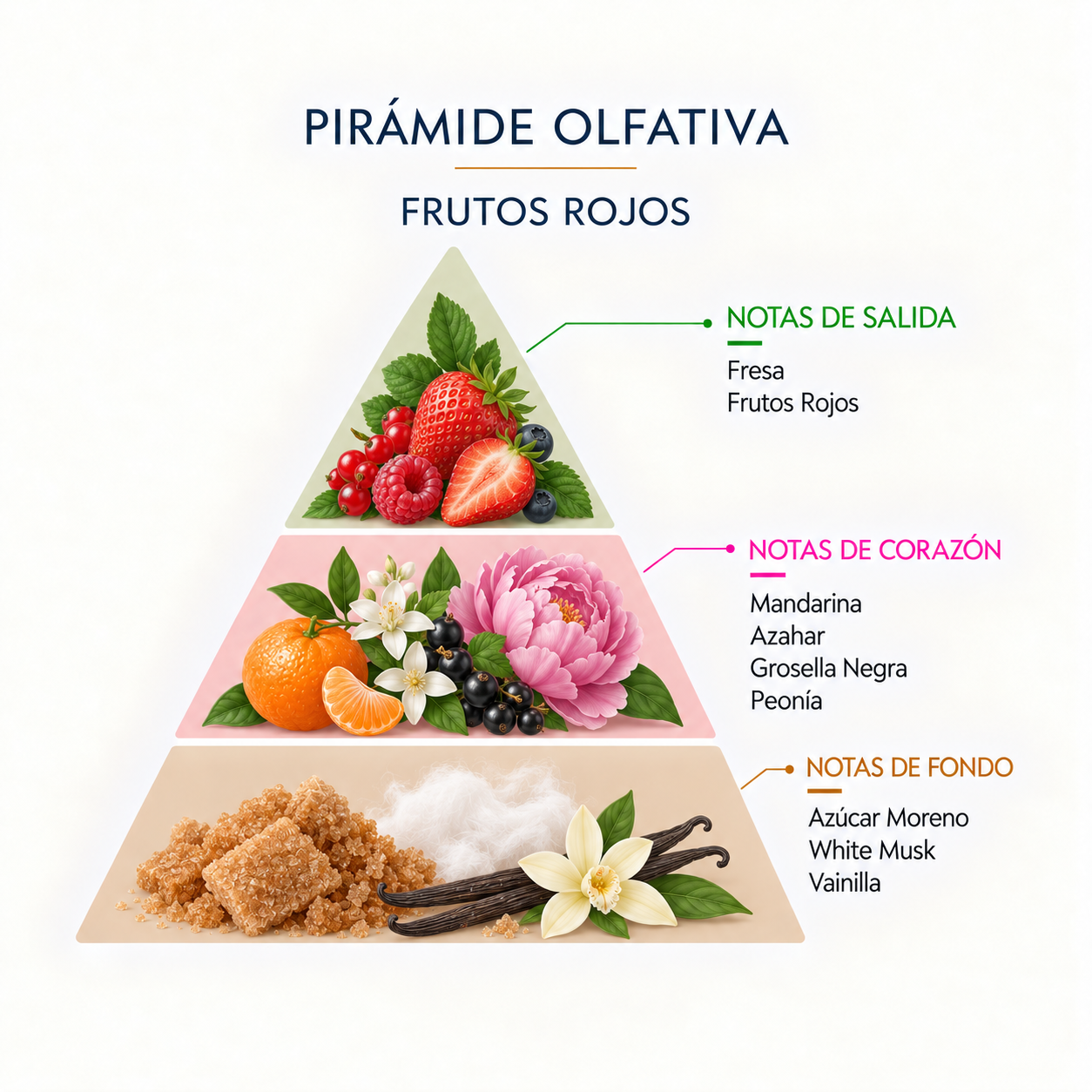 Pirámide olfativa del Incienso Natural Frutos Rojos 15 Conos SYS Aromas con notas de fresa, arándano, frambuesa, grosella y cereza.