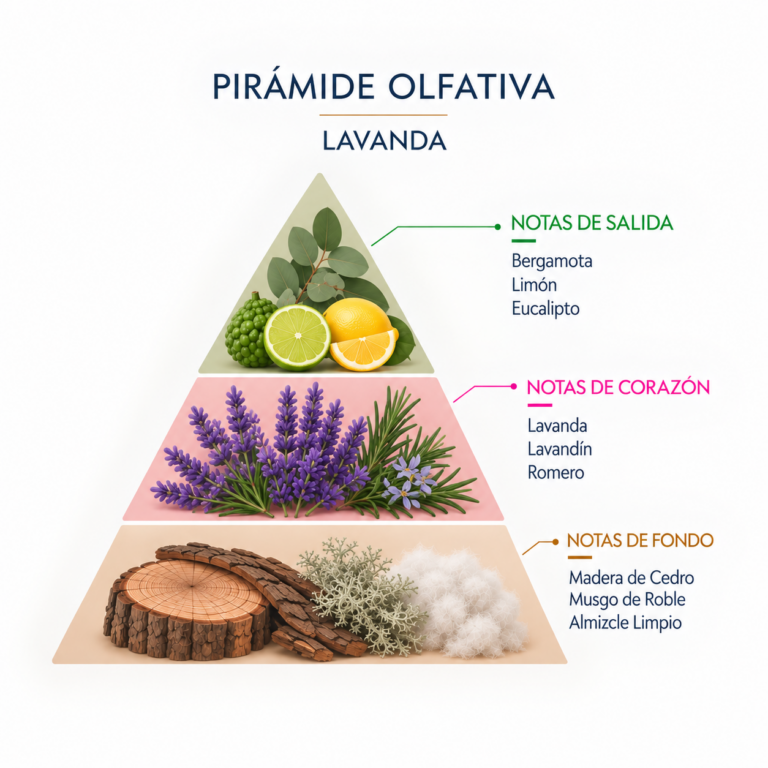 Pirámide olfativa del Incienso Natural Lavanda 20 Sticks SYS Aromas con bergamota, limón, eucalipto, lavanda, lavandín, romero, madera de cedro, musgo de roble y almizcle limpio.