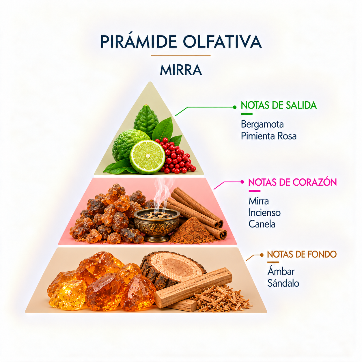 Pirámide olfativa del Incienso Natural Mirra 20 Sticks SYS Aromas con bergamota, pimienta rosa, mirra, incienso, canela, ámbar y sándalo.