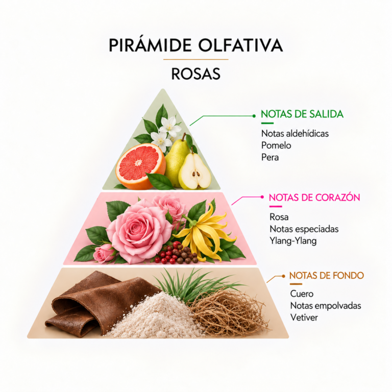 Pirámide olfativa del Incienso Natural Rosas 15 Conos SYS Aromas con notas aldehídicas, pomelo, pera, rosa, notas especiadas, ylang-ylang, cuero, notas empolvadas y vetiver.
