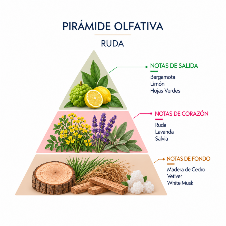Pirámide olfativa del Incienso Natural Ruda 15 Conos SYS Aromas con bergamota, limón, hojas verdes, ruda, lavanda, salvia, madera de cedro, vetiver y white musk.