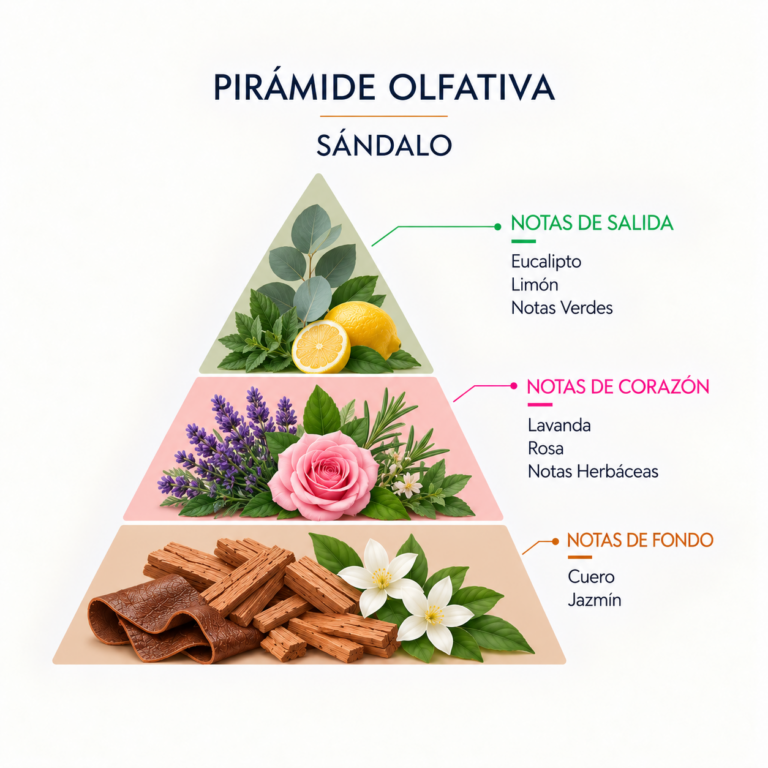 Pirámide olfativa del Incienso Natural Sándalo 20 Sticks SYS Aromas con pino, hojas secas, madera de cedro, sándalo y almizcle.