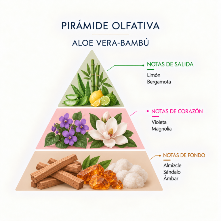 Pirámide olfativa del Recambio Mikado Aloe Vera Bambú 200 ml SYS Aromas con limón, bergamota, violeta, magnolia, almizcle, sándalo y ámbar.