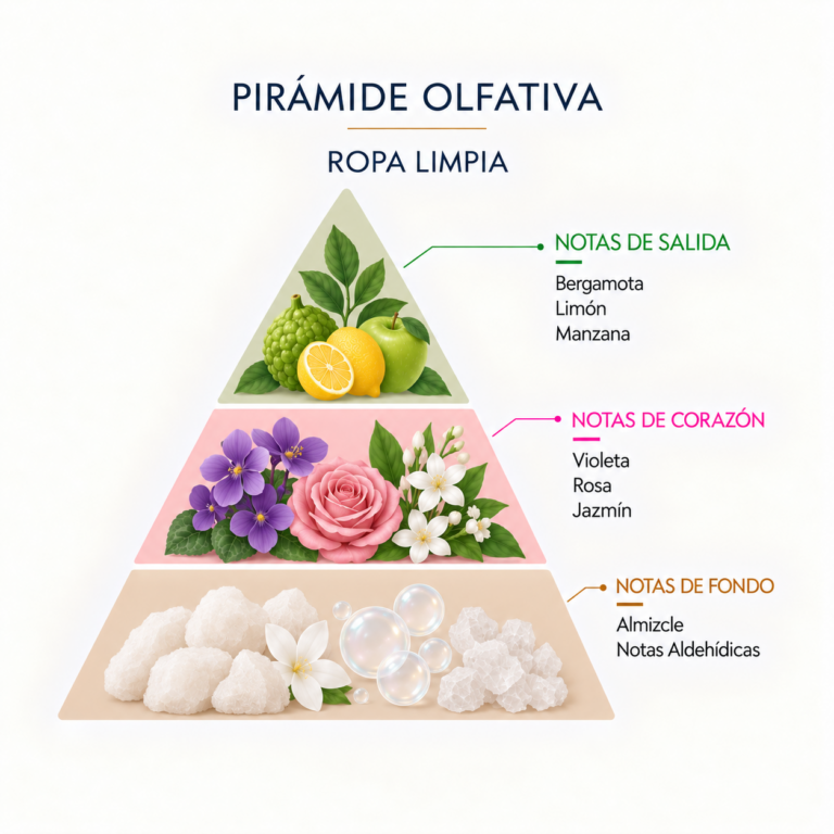 Pirámide olfativa del Recambio Mikado Ropa Limpia 200 ml SYS Aromas con bergamota, limón, manzana, violeta, rosa, jazmín, almizcle y notas aldehídicas.