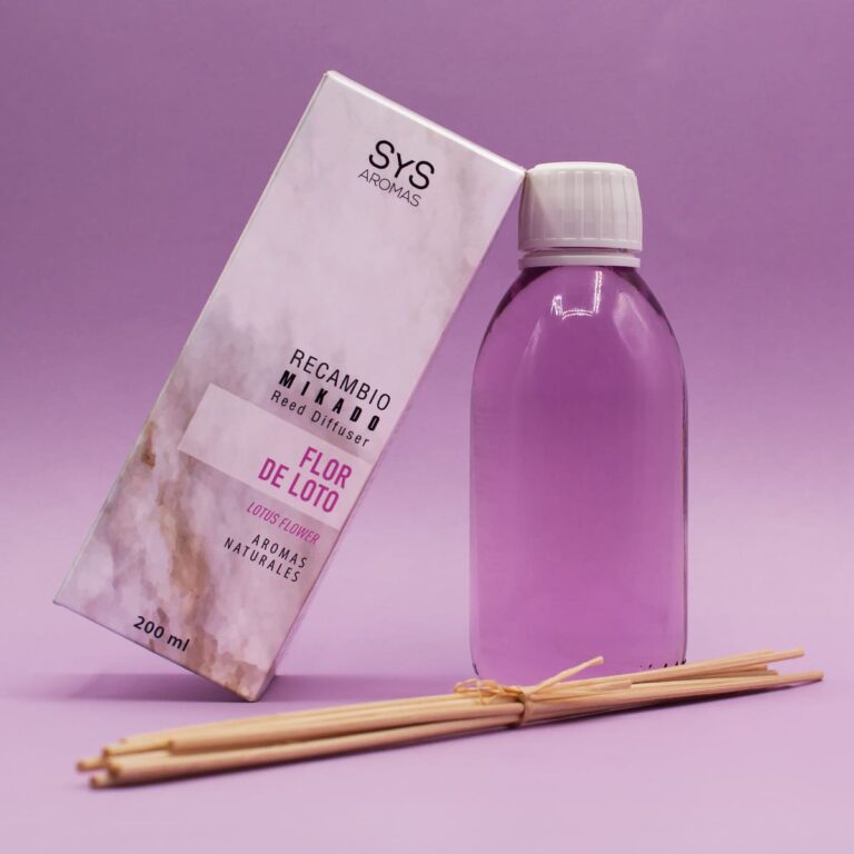 Recambio Mikado Flor de Loto 200ml SYS Aromas con estuche, frasco violeta y varillas difusoras