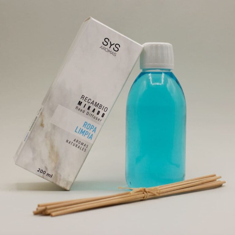 Recambio Mikado Ropa Limpia 200ml SYS Aromas con estuche, frasco azul y varillas difusoras