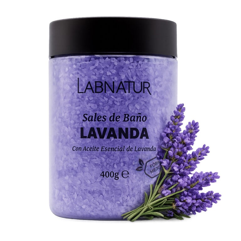 Envase de Sales de Baño Lavanda 400g Labnatur con cristales morados y flores de lavanda