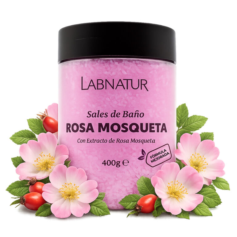 Envase de Sales de Baño Rosa Mosqueta 400g Labnatur con cristales rosas y elementos decorativos de rosa mosqueta