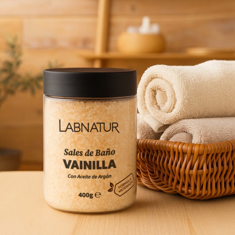 Envase de Sales de Baño Vainilla 400g Labnatur junto a una cesta de mimbre con toallas enrolladas