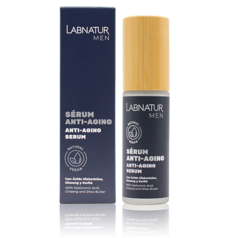 Sérum facial Hombre 30ml Labnatur con ácido hialurónico, carnosina, ginseng, karité y alantoína.