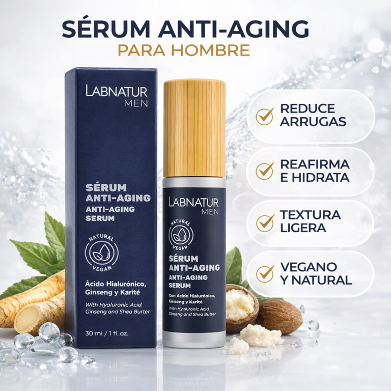 Sérum facial Hombre 30ml Labnatur con icono de producto natural y acción anti-aging.