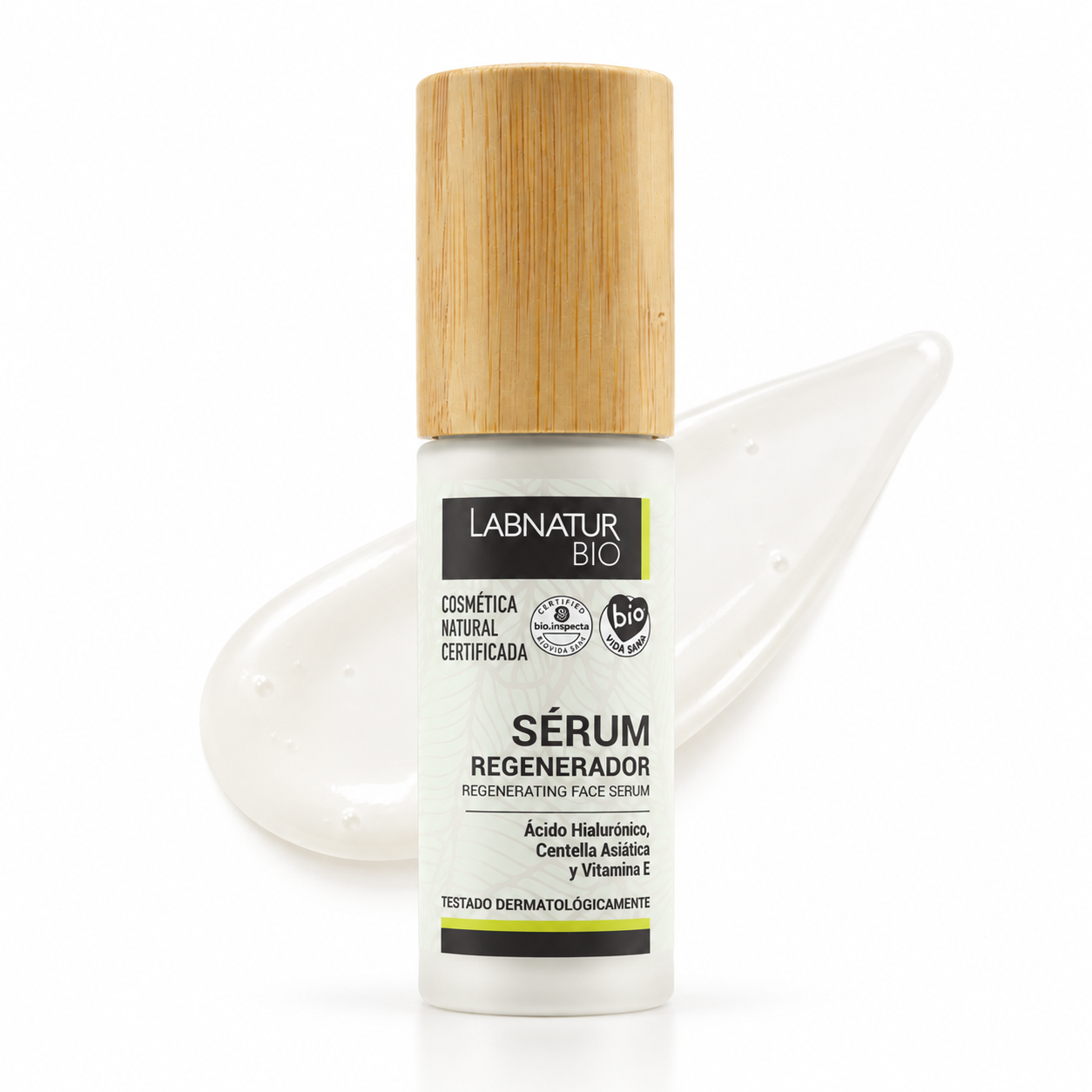 Sérum Facial Regenerador 30 ml Labnatur Bio con ácido hialurónico, centella asiática y vitamina E, presentado con textura de sérum hidratante.