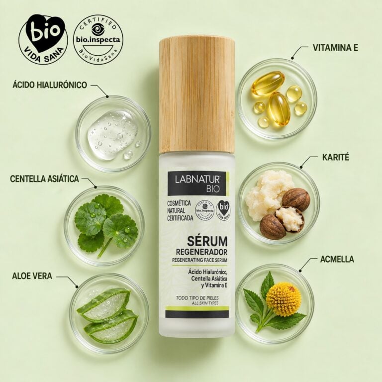 Sérum Facial Regenerador 30 ml Labnatur Bio con ingredientes naturales certificados bio como ácido hialurónico, centella asiática, aloe vera, vitamina E, karité y Acmella.