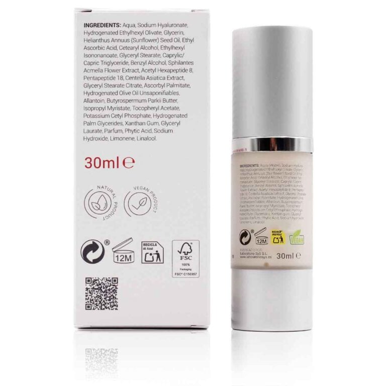 Vista posterior del Sérum Facial Tensor Effect 30ml Labnatur y su estuche con ingredientes y sellos