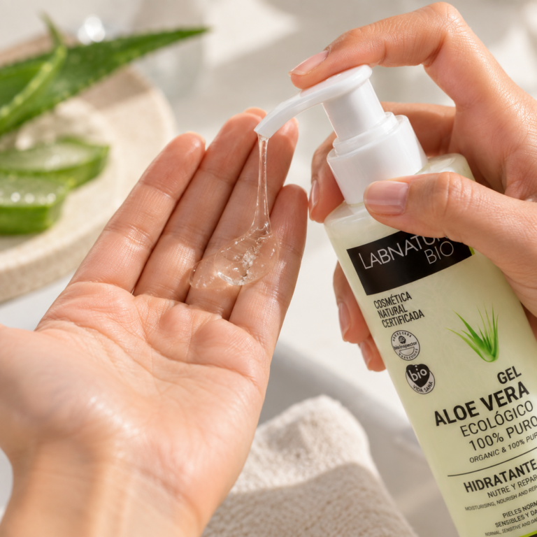 Textura del Gel Aloe Vera Ecológico 100% Puro 250 ml Labnatur Bio dispensándose sobre la palma de la mano.