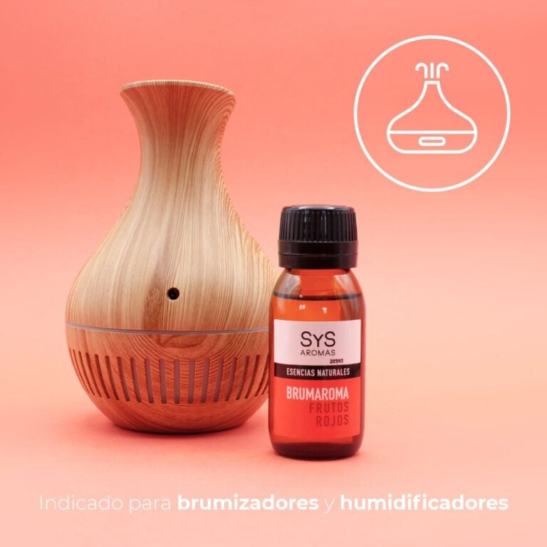 Esencia Hidrosoluble Frutos Rojos 50ml SYS Aromas junto a un humidificador efecto madera